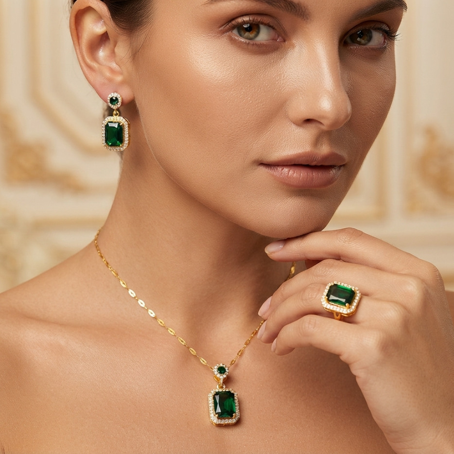 4Pcs Jewelry Set Women's Jewelry Sets Luxury Emerald Green Gemstone Gold Plated Cubic Zirconia Necklace Earrings Ring Bracelet For Women Wedding Party Dinner Date Anniversary Birthday Business Meeting