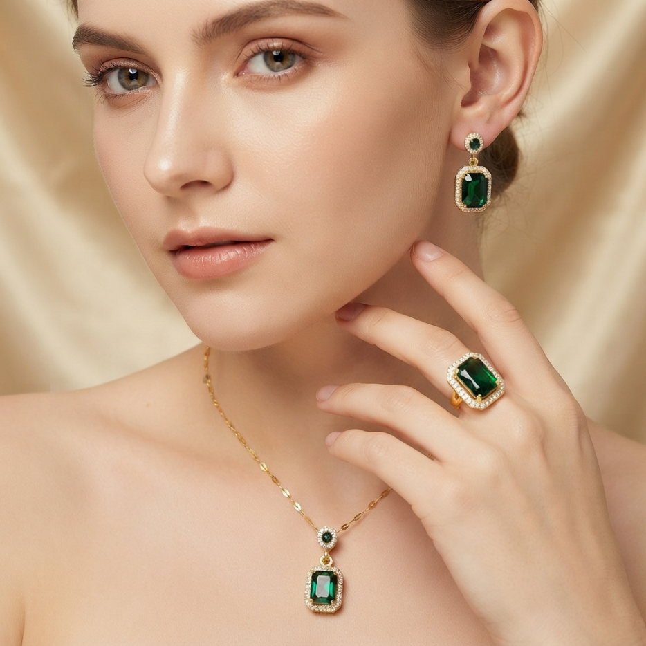 4Pcs Jewelry Set Women's Jewelry Sets Luxury Emerald Green Gemstone Gold Plated Cubic Zirconia Necklace Earrings Ring Bracelet For Women Wedding Party Dinner Date Anniversary Birthday Business Meeting