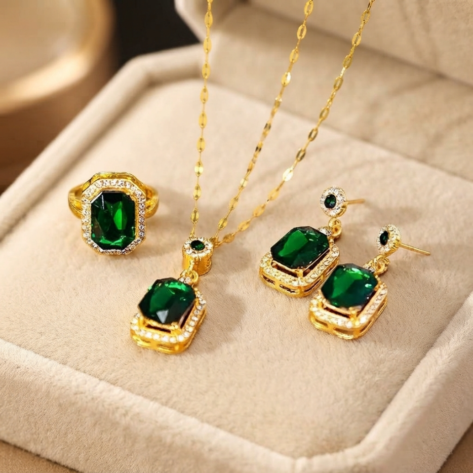 4Pcs Jewelry Set Women's Jewelry Sets Luxury Emerald Green Gemstone Gold Plated Cubic Zirconia Necklace Earrings Ring Bracelet For Women Wedding Party Dinner Date Anniversary Birthday Business Meeting