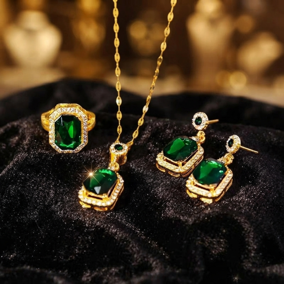 4Pcs Jewelry Set Women's Jewelry Sets Luxury Emerald Green Gemstone Gold Plated Cubic Zirconia Necklace Earrings Ring Bracelet For Women Wedding Party Dinner Date Anniversary Birthday Business Meeting