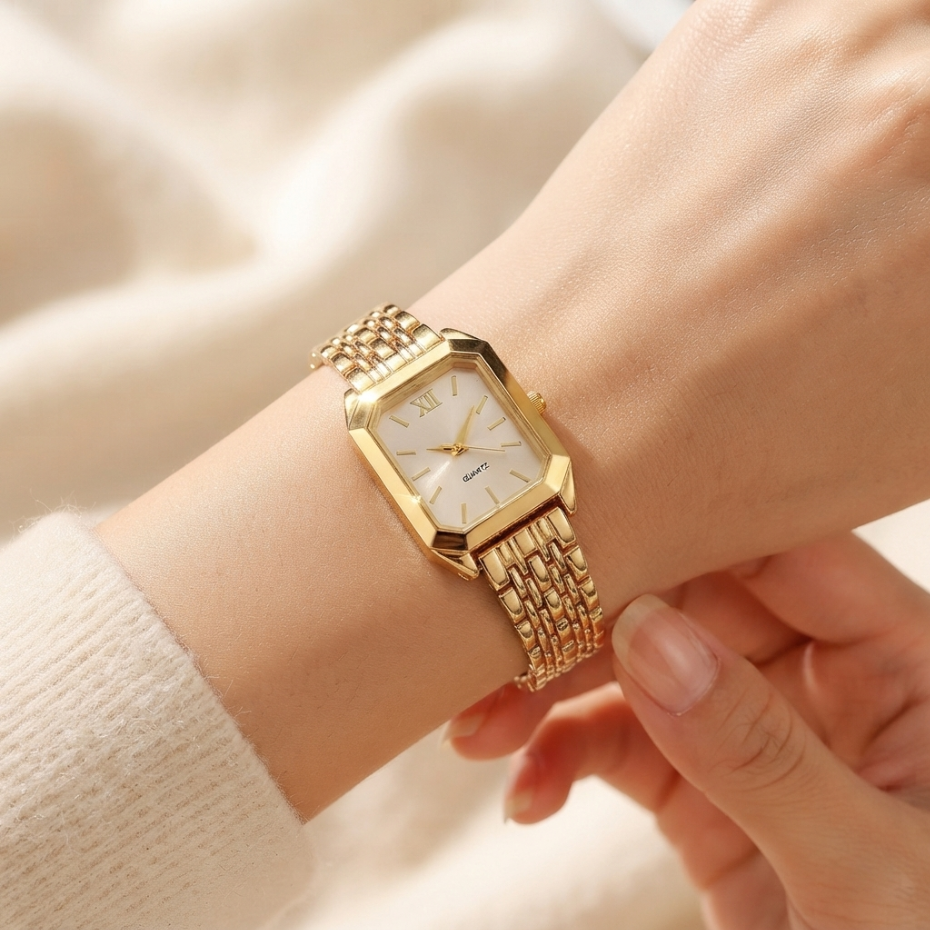 Lady's Watch Elegant Ladies Gold Tone Quartz Watch Vintage Octagon Rectangle Dial Slim Metal Band Wristwatch For Women Daily Wear Office Work Party Wedding Fashion Gift