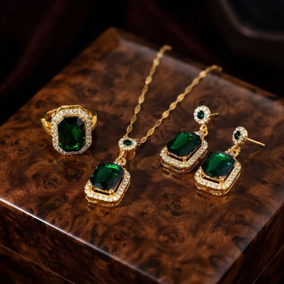 4Pcs Jewelry Set Women's Jewelry Sets Luxury Emerald Green Gemstone Gold Plated Cubic Zirconia Necklace Earrings Ring Bracelet For Women Wedding Party Dinner Date Anniversary Birthday Business Meeting