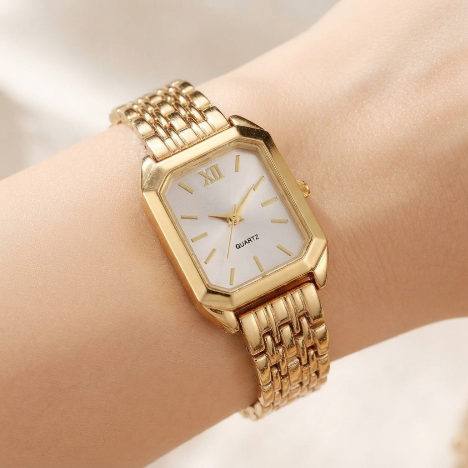 Lady's Watch Elegant Ladies Gold Tone Quartz Watch Vintage Octagon Rectangle Dial Slim Metal Band Wristwatch For Women Daily Wear Office Work Party Wedding Fashion Gift