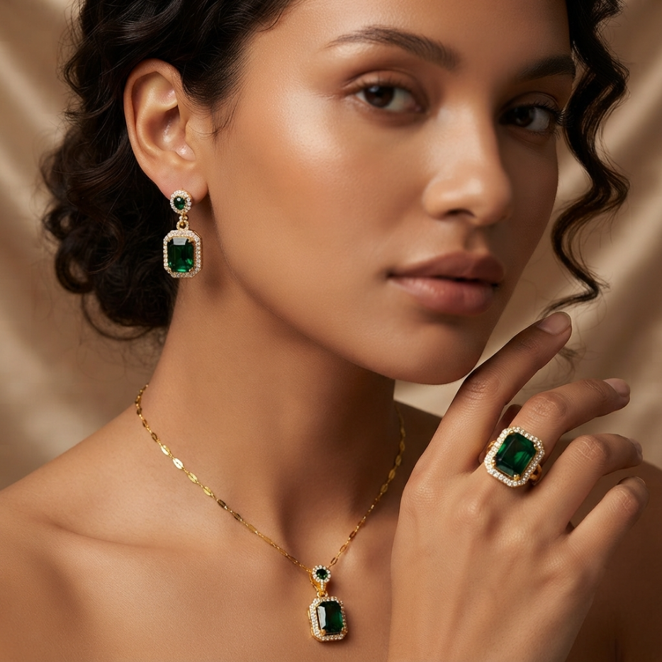 4Pcs Jewelry Set Women's Jewelry Sets Luxury Emerald Green Gemstone Gold Plated Cubic Zirconia Necklace Earrings Ring Bracelet For Women Wedding Party Dinner Date Anniversary Birthday Business Meeting