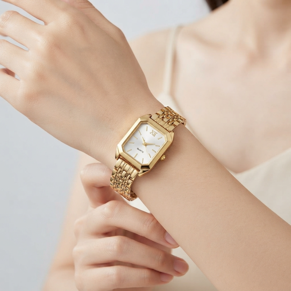 Lady's Watch Elegant Ladies Gold Tone Quartz Watch Vintage Octagon Rectangle Dial Slim Metal Band Wristwatch For Women Daily Wear Office Work Party Wedding Fashion Gift