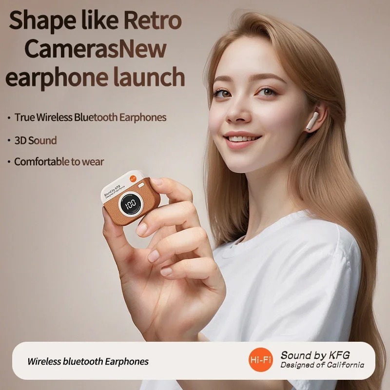 Wireless Bluetooth Earphones Semi-In-Ear Retro Camera Creative Design Power Display Music Earphones with Long Battery Life