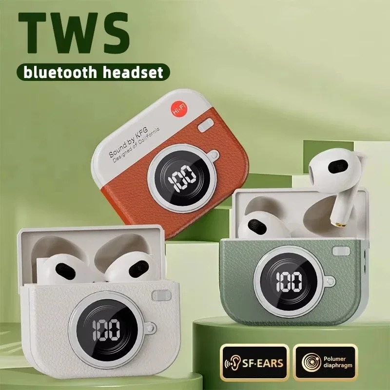 Wireless Bluetooth Earphones Semi-In-Ear Retro Camera Creative Design Power Display Music Earphones with Long Battery Life