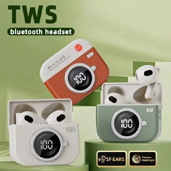 Wireless Bluetooth Earphones Semi-In-Ear Retro Camera Creative Design Power Display Music Earphones with Long Battery Life