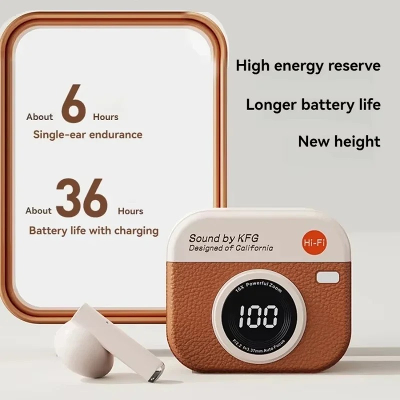 Wireless Bluetooth Earphones Semi-In-Ear Retro Camera Creative Design Power Display Music Earphones with Long Battery Life