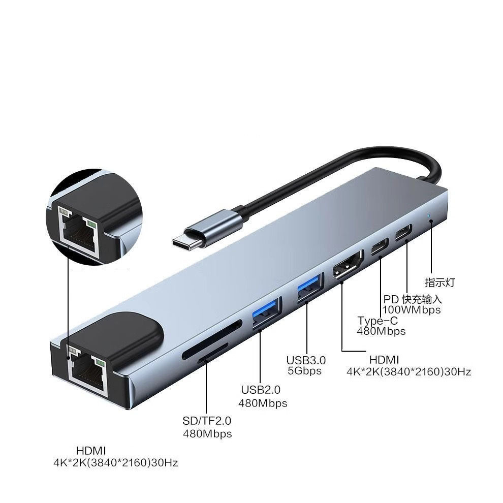 8/4 in 1 USB 3.0 Type C HUB USB C Docking Station 2 HDMI 4K 30HZ Type C to RJ45 100Mbps Ethernet Adapter VGA Extender Headphone PD 100W