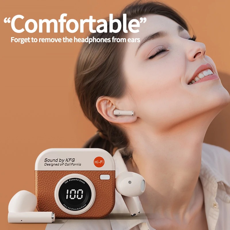 Wireless Bluetooth Earphones Semi-In-Ear Retro Camera Creative Design Power Display Music Earphones with Long Battery Life