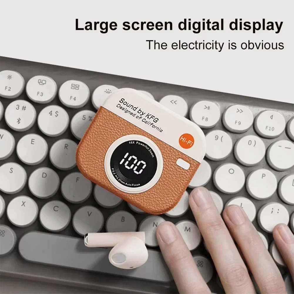 Wireless Bluetooth Earphones Semi-In-Ear Retro Camera Creative Design Power Display Music Earphones with Long Battery Life