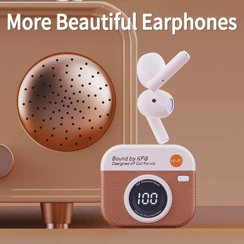Wireless Bluetooth Earphones Semi-In-Ear Retro Camera Creative Design Power Display Music Earphones with Long Battery Life