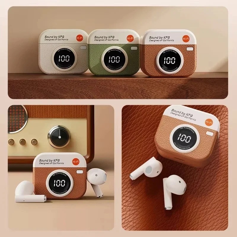 Wireless Bluetooth Earphones Semi-In-Ear Retro Camera Creative Design Power Display Music Earphones with Long Battery Life