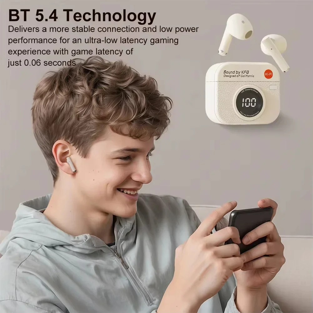 Wireless Bluetooth Earphones Semi-In-Ear Retro Camera Creative Design Power Display Music Earphones with Long Battery Life