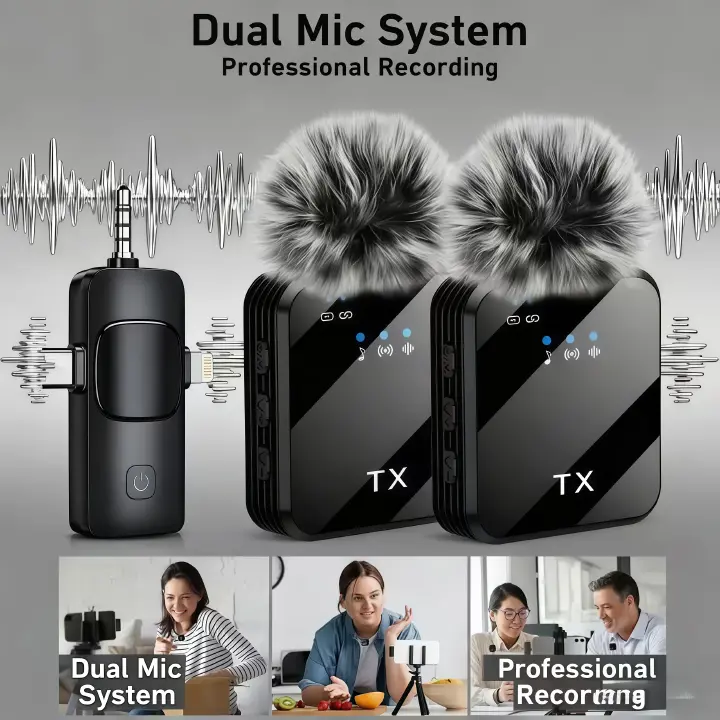3in1 Wireless Lavalier Microphone For Android iPhone Camera Microphone For Video Recording Recording Podcast Noise Reduction Mic