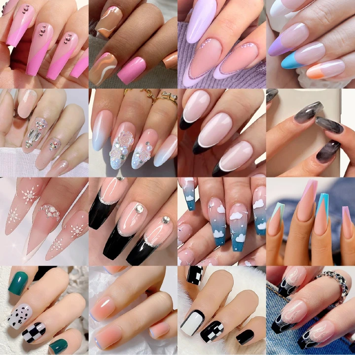 24pcs Fake Nails Reusable Stick On Nails Press on Full Cover False Nail Tips with Jelly Stickers Makeup Accessories