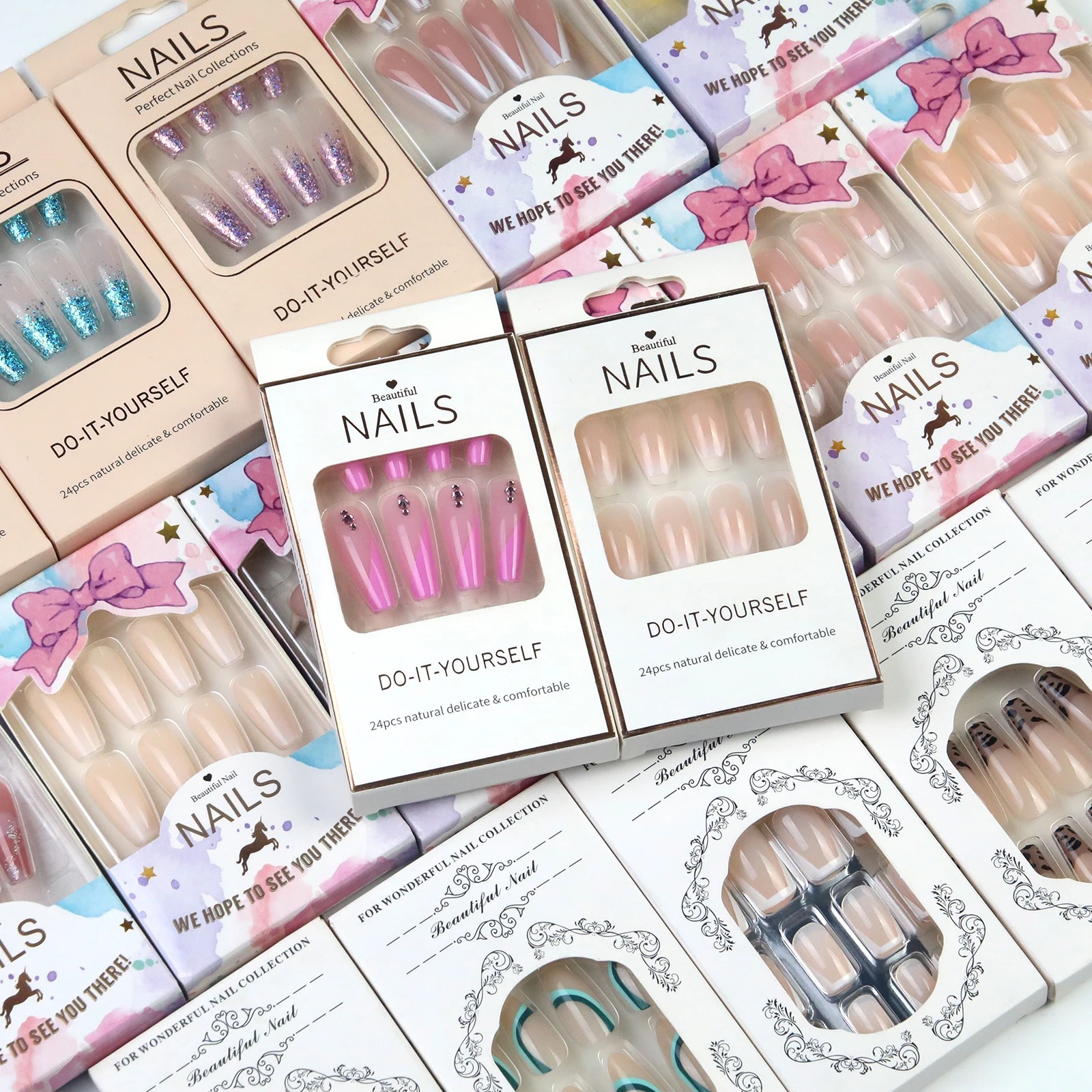 24pcs Fake Nails Reusable Stick On Nails Press on Full Cover False Nail Tips with Jelly Stickers Makeup Accessories