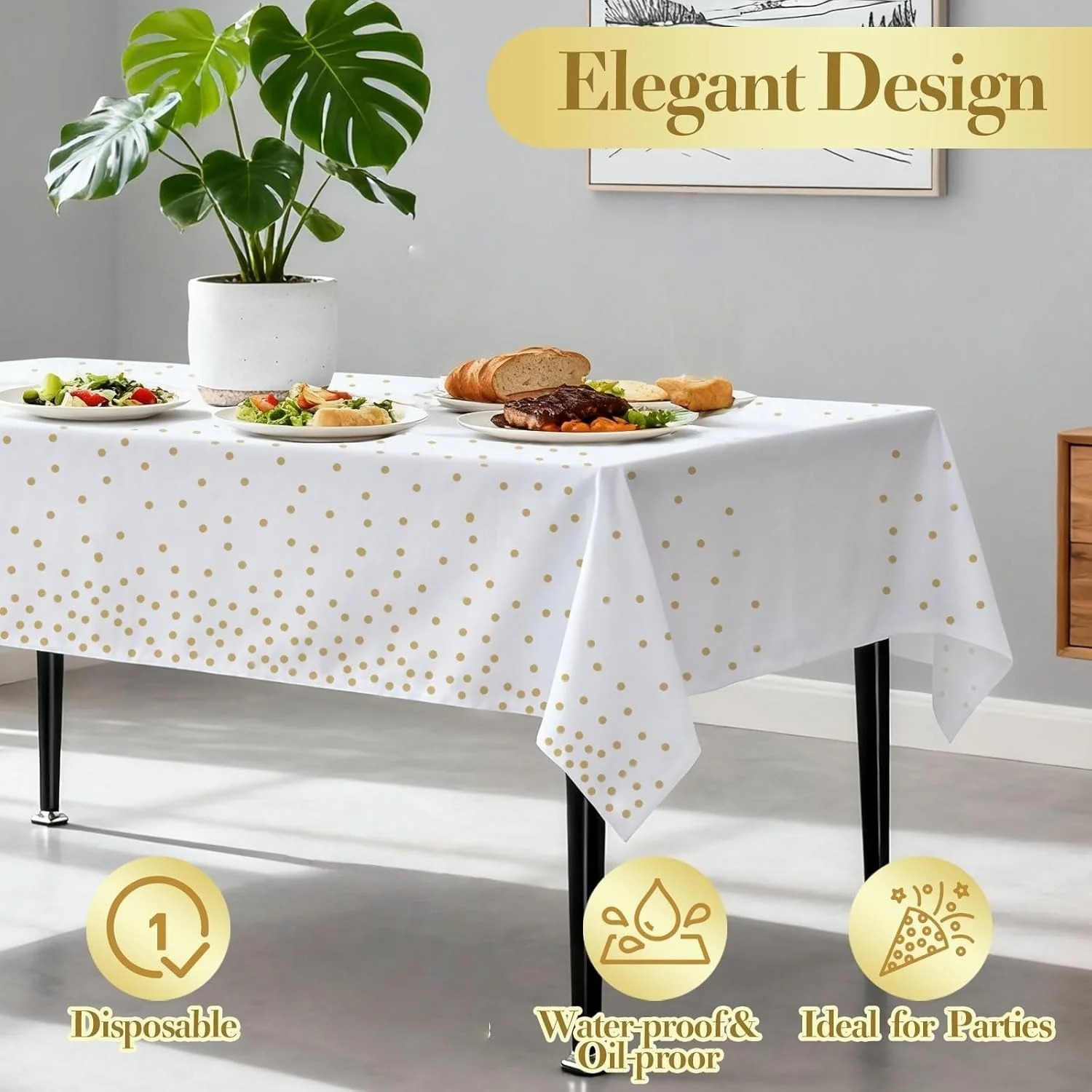 54" x 108"/137cm x 274cm PEVA Tablecloths for Rectangle Tables Disposable Table Cloths Covers Gold Dot Confetti Parties Wedding Bridal Shower