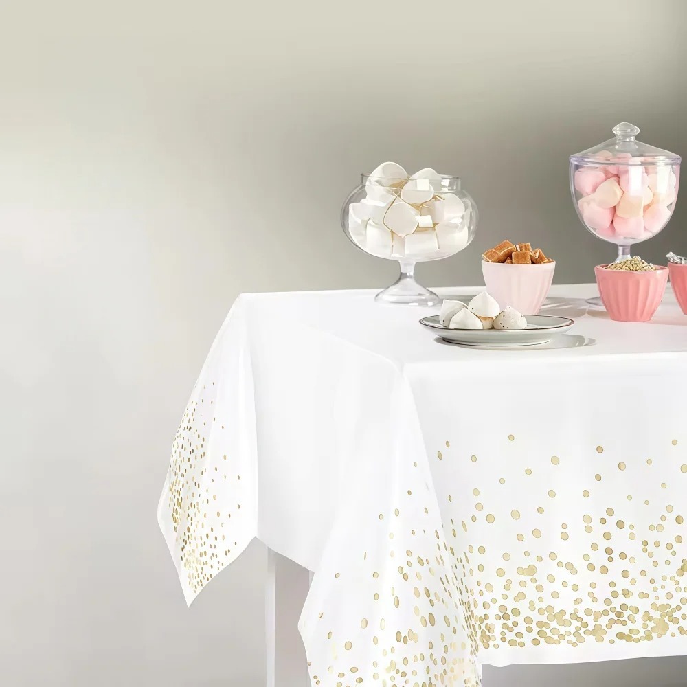 54" x 108"/137cm x 274cm PEVA Tablecloths for Rectangle Tables Disposable Table Cloths Covers Gold Dot Confetti Parties Wedding Bridal Shower