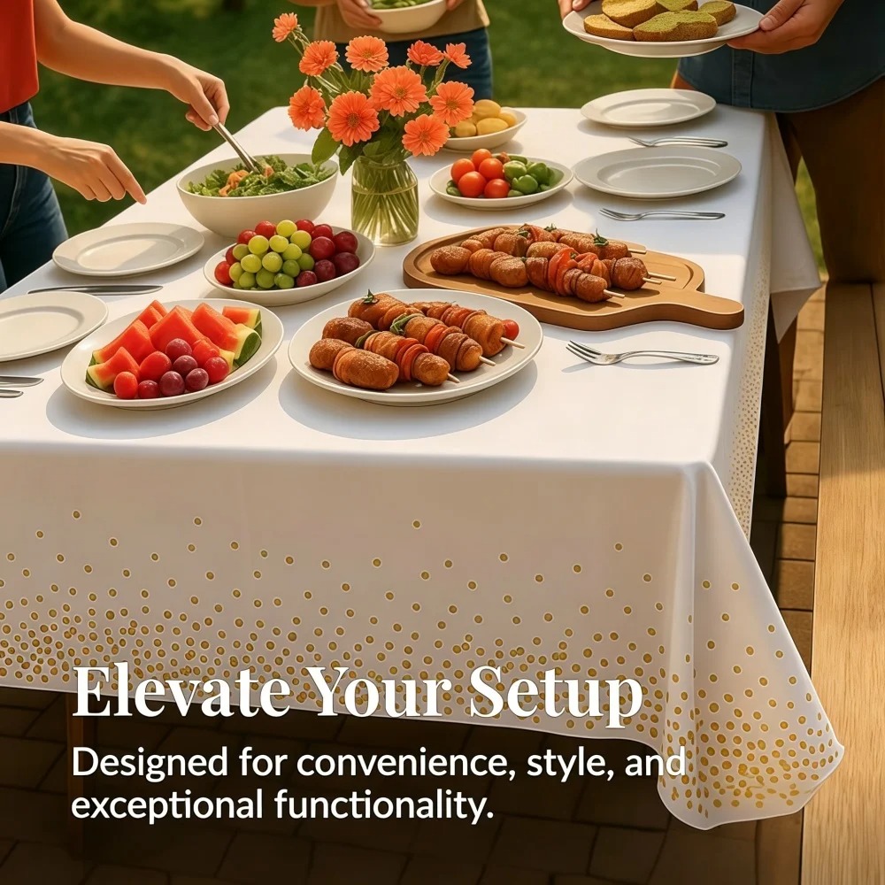 54" x 108"/137cm x 274cm PEVA Tablecloths for Rectangle Tables Disposable Table Cloths Covers Gold Dot Confetti Parties Wedding Bridal Shower