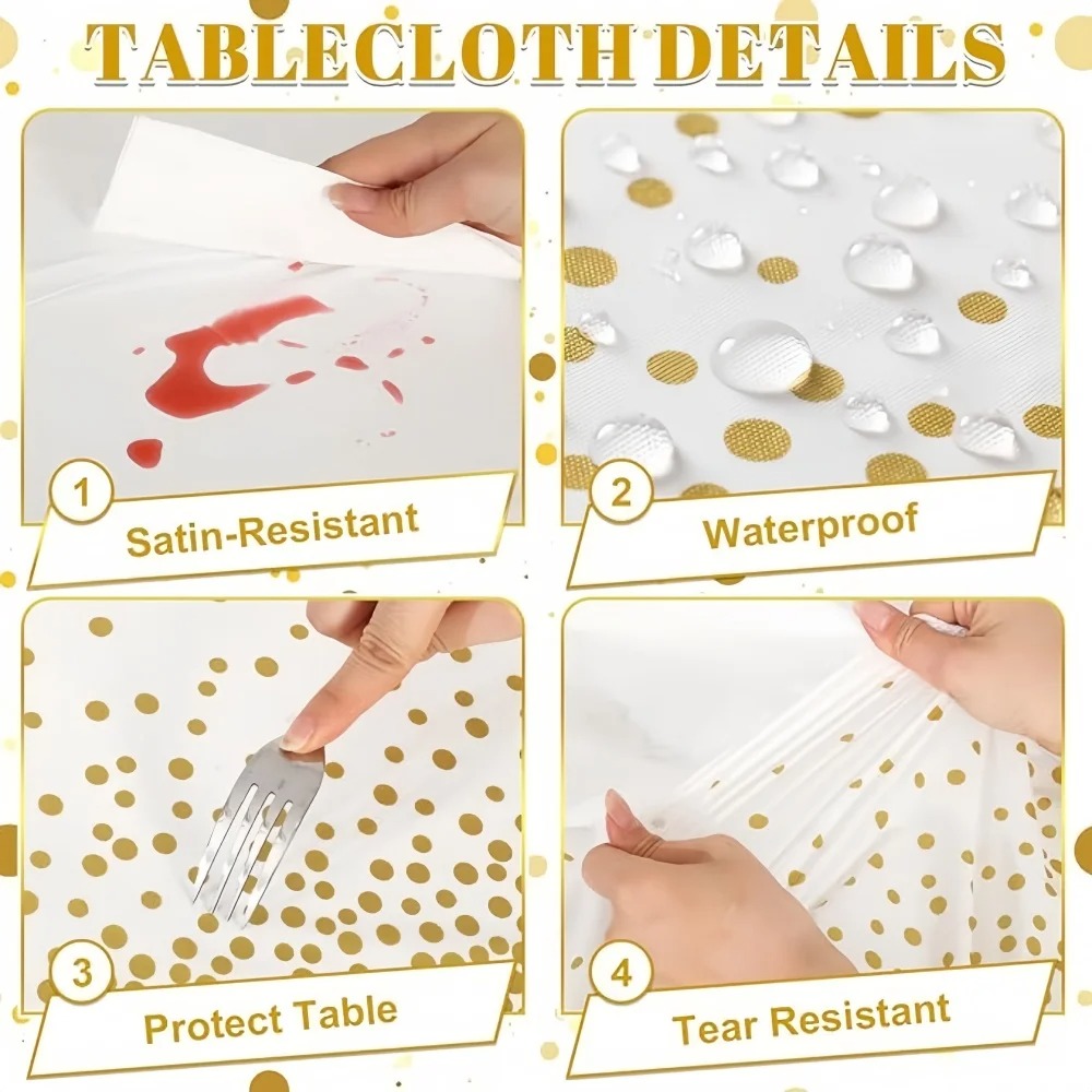 54" x 108"/137cm x 274cm PEVA Tablecloths for Rectangle Tables Disposable Table Cloths Covers Gold Dot Confetti Parties Wedding Bridal Shower