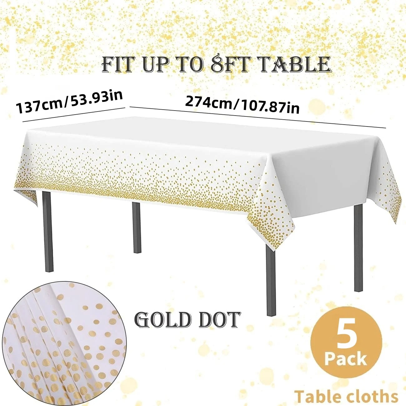 54" x 108"/137cm x 274cm PEVA Tablecloths for Rectangle Tables Disposable Table Cloths Covers Gold Dot Confetti Parties Wedding Bridal Shower