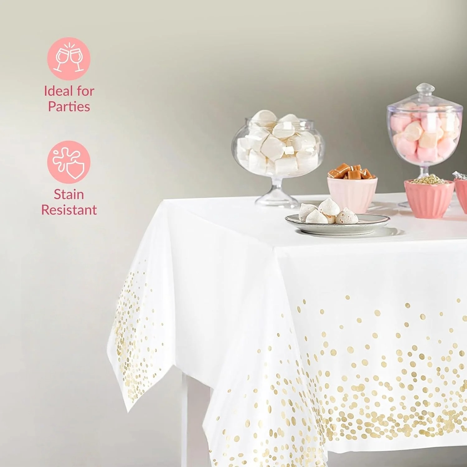 54" x 108"/137cm x 274cm PEVA Tablecloths for Rectangle Tables Disposable Table Cloths Covers Gold Dot Confetti Parties Wedding Bridal Shower