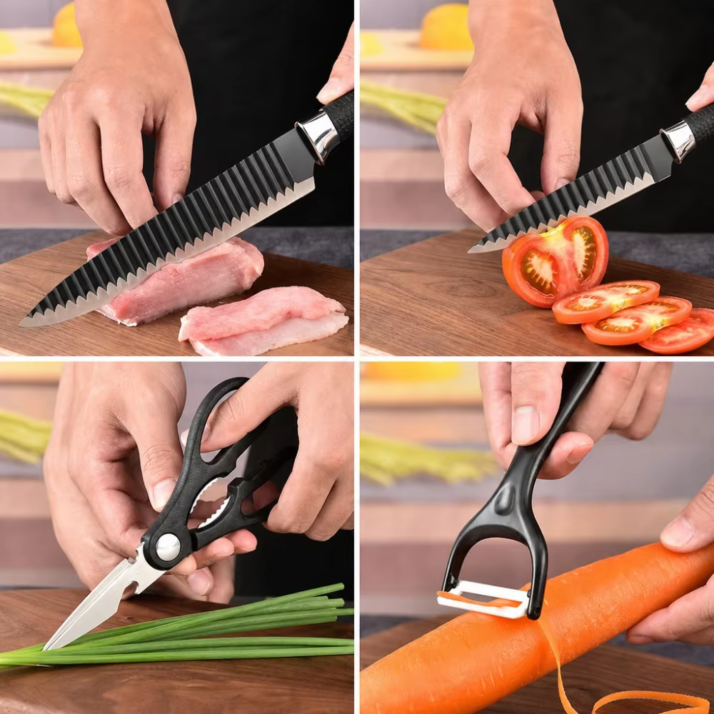 6pcs Kitchen Knives Sets Chef Slicing  Knife Sets  Meat Cleaver Fruit Knife Peeler Scissors Stainless Steel Cooking Set Tools
