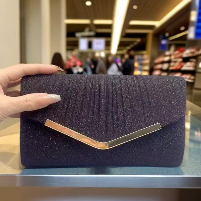 Elegant Women Silver Glitter Pleated Envelope Clutch Bag, Luxury V-Gold Trim Formal Evening Handbag, Ladies Chain Shoulder Purse for Wedding, Dinner, Cocktail Party