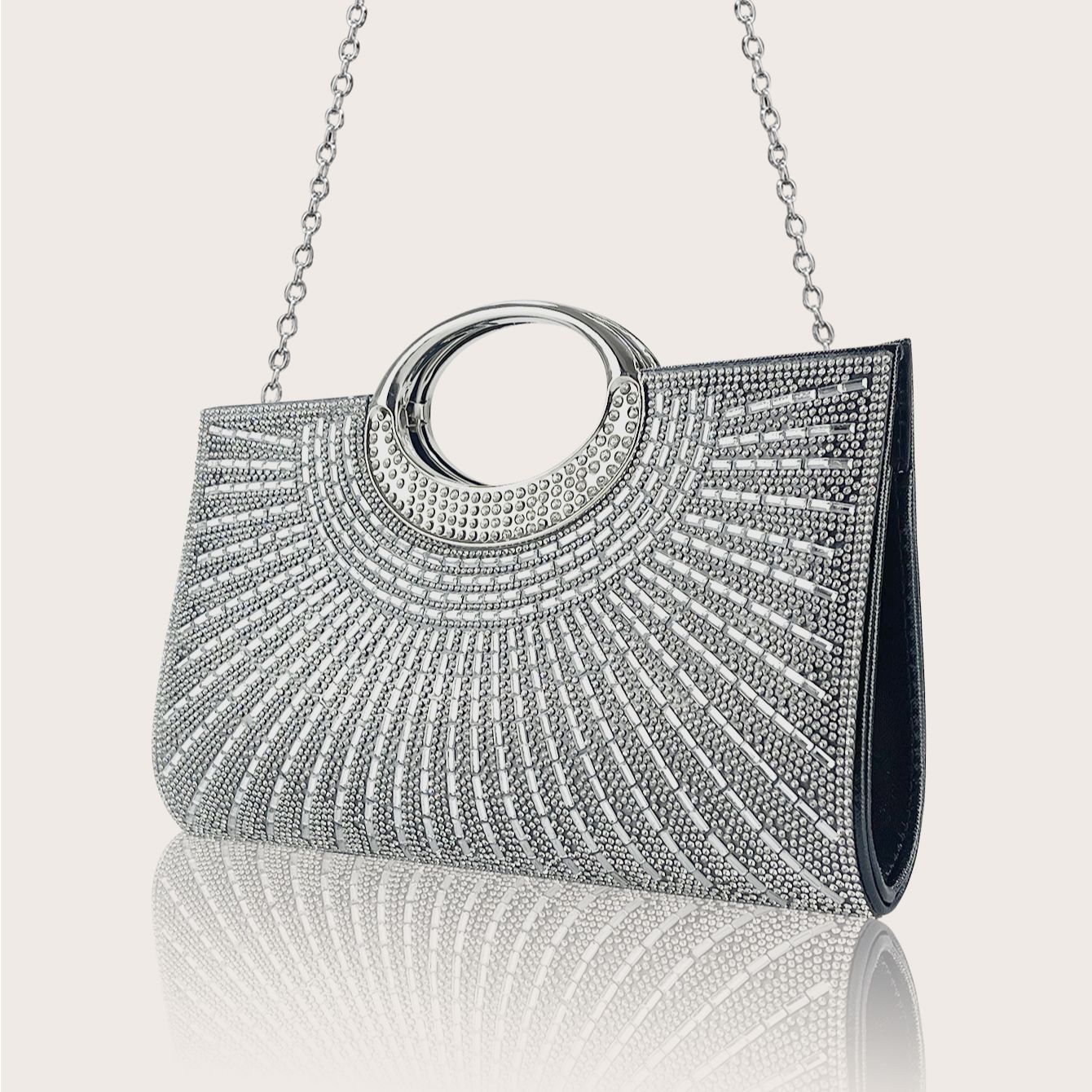 Shiny Rhinestone Evening Clutch & Jewelry Set, Silver Fan-Shaped Party Bag