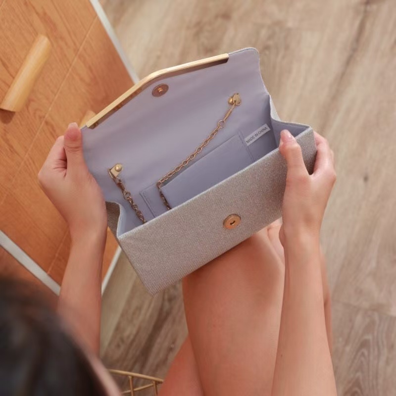 Elegant Women Silver Glitter Pleated Envelope Clutch Bag, Luxury V-Gold Trim Formal Evening Handbag, Ladies Chain Shoulder Purse for Wedding, Dinner, Cocktail Party