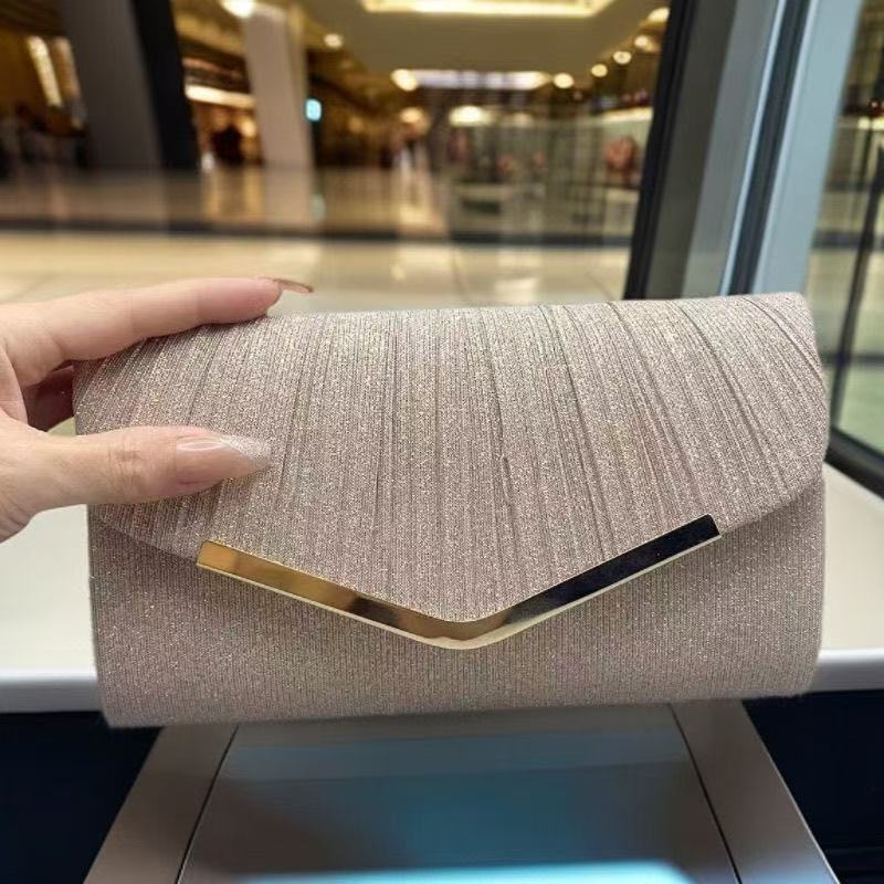 Elegant Women Silver Glitter Pleated Envelope Clutch Bag, Luxury V-Gold Trim Formal Evening Handbag, Ladies Chain Shoulder Purse for Wedding, Dinner, Cocktail Party