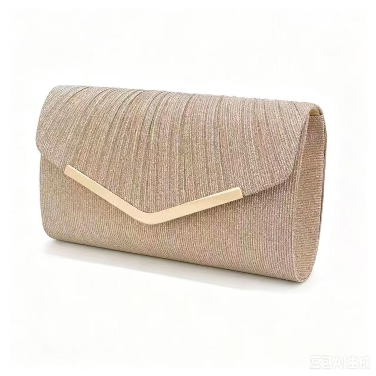 Elegant Women Silver Glitter Pleated Envelope Clutch Bag, Luxury V-Gold Trim Formal Evening Handbag, Ladies Chain Shoulder Purse for Wedding, Dinner, Cocktail Party
