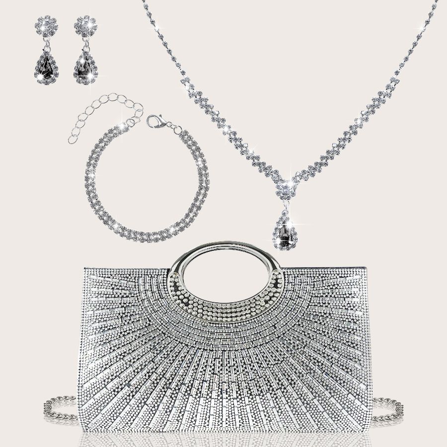 Shiny Rhinestone Evening Clutch & Jewelry Set, Silver Fan-Shaped Party Bag