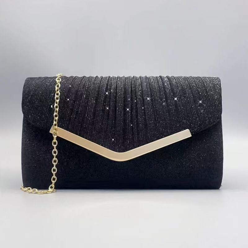 Elegant Women Silver Glitter Pleated Envelope Clutch Bag, Luxury V-Gold Trim Formal Evening Handbag, Ladies Chain Shoulder Purse for Wedding, Dinner, Cocktail Party