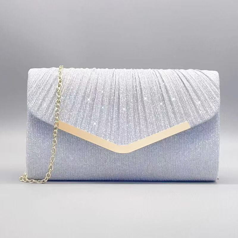 Elegant Women Silver Glitter Pleated Envelope Clutch Bag, Luxury V-Gold Trim Formal Evening Handbag, Ladies Chain Shoulder Purse for Wedding, Dinner, Cocktail Party