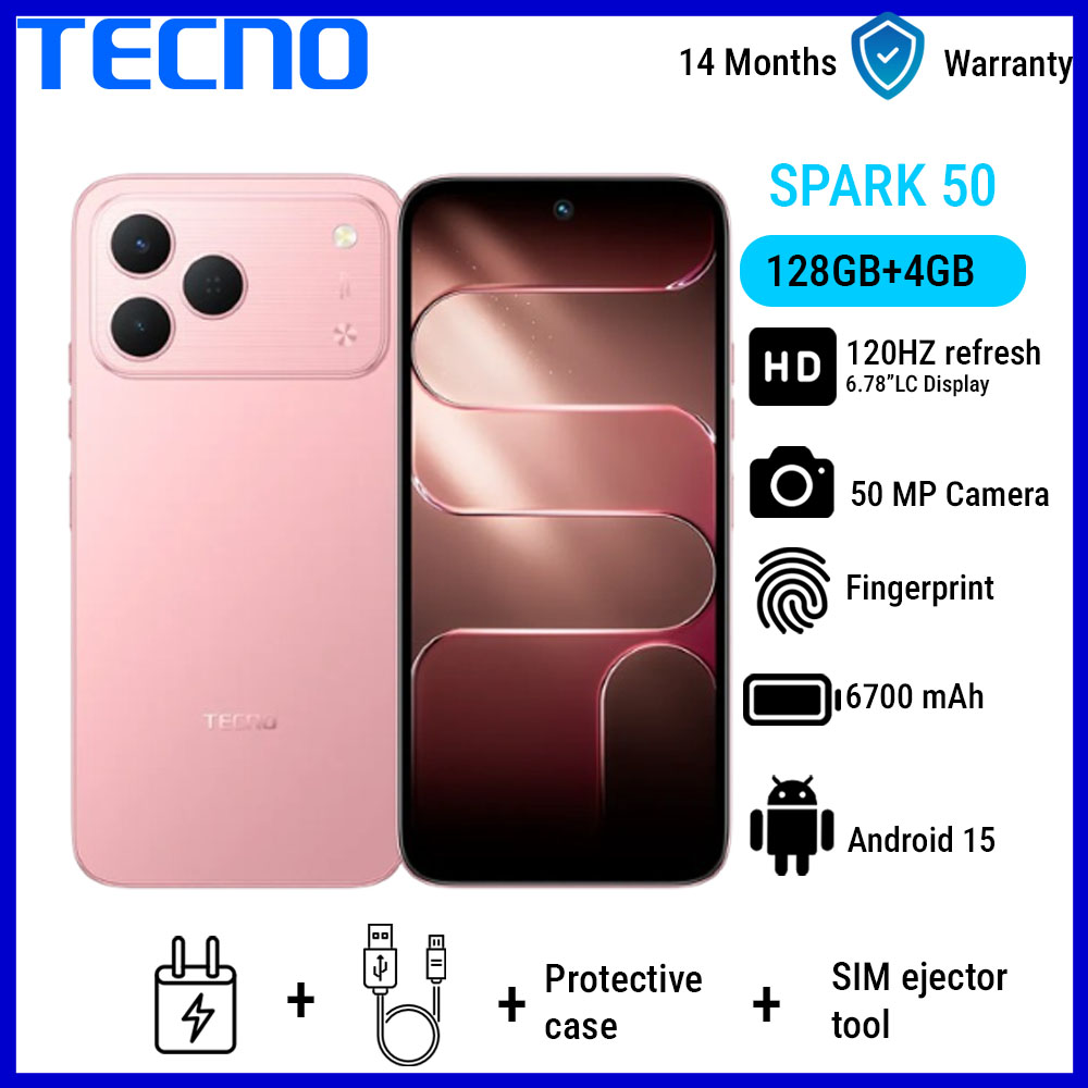 TECNO SPARK 50 128GB+4GB 6.78" 120Hz Phone Dynamic Port 50MP Dual Speaker 6700mAh 18W Type-C Dual SIM 4G Side Fingerprint  Smart AI Phones