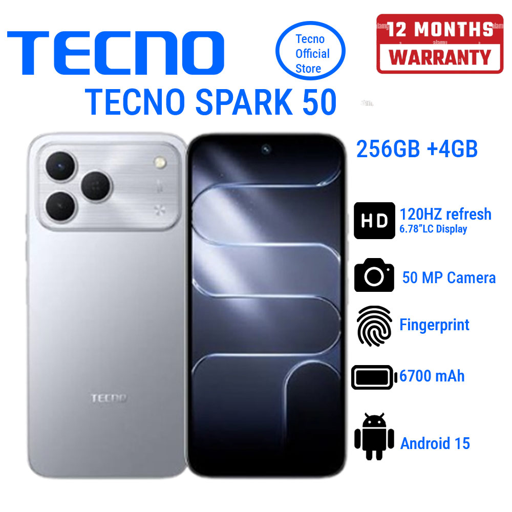 TECNO SPARK 50 256GB+4GB 6.78" 120Hz Phone Dynamic Port 50MP Dual Speaker 6700mAh 18W Type-C Dual SIM 4G Side Fingerprint  Smart AI Phones