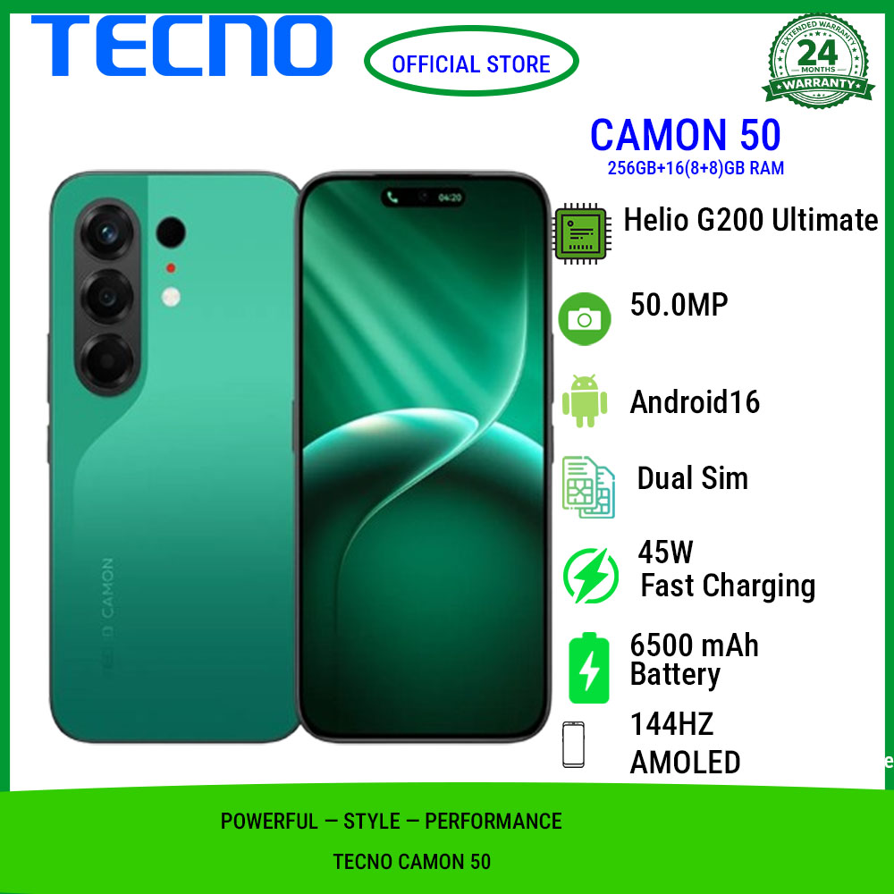 Tecno Camon 50 256GB+16(8+8)GB RAM 6.78" AMOLED 144Hz Screen MTK Helio G200 Ultimate 45W 6500 mAh 50MP Dual Speaker Android 16 Smart Phones Dual Sim phone