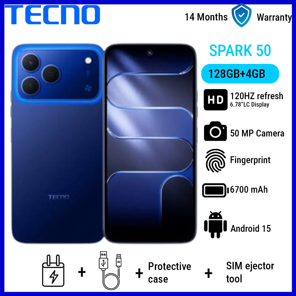 TECNO SPARK 50 128GB+4GB 6.78" 120Hz Phone Dynamic Port 50MP Dual Speaker 6700mAh 18W Type-C Dual SIM 4G Side Fingerprint  Smart AI Phones