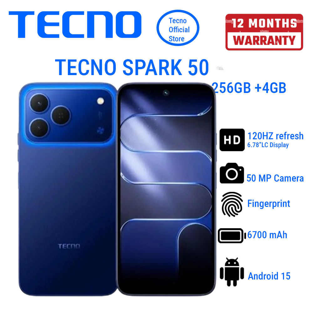 TECNO SPARK 50 256GB+4GB 6.78" 120Hz Phone Dynamic Port 50MP Dual Speaker 6700mAh 18W Type-C Dual SIM 4G Side Fingerprint  Smart AI Phones