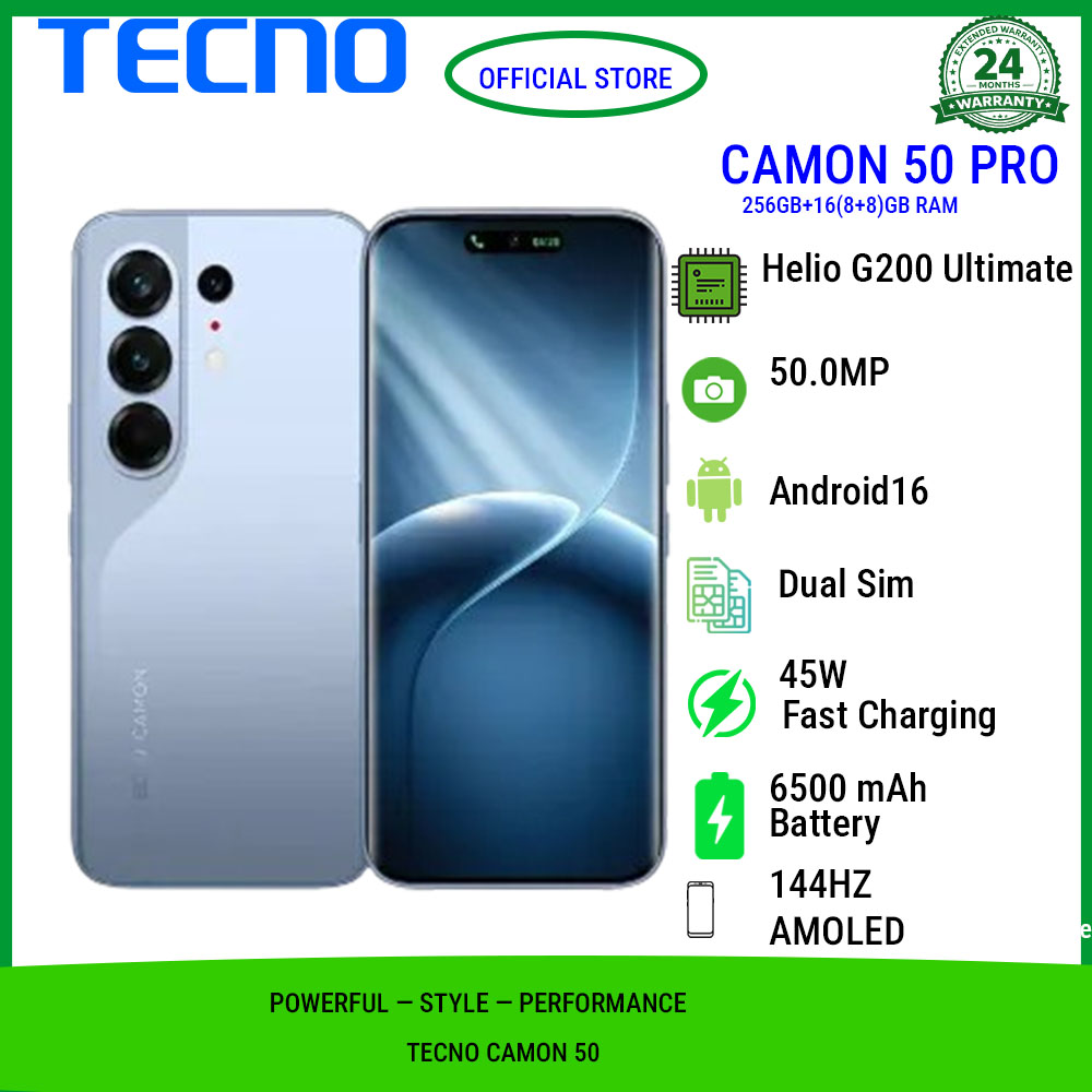 Tecno Camon 50 Pro 256GB+16(8+8)GB RAM 6.78" 144Hz Curved AMOLED MTK Helio G200 Ultimate 45W 6500mAh 50MP Dual Speaker Android16 IP68/IP69 Dust Water Resistance Dual Sim Smart Phones