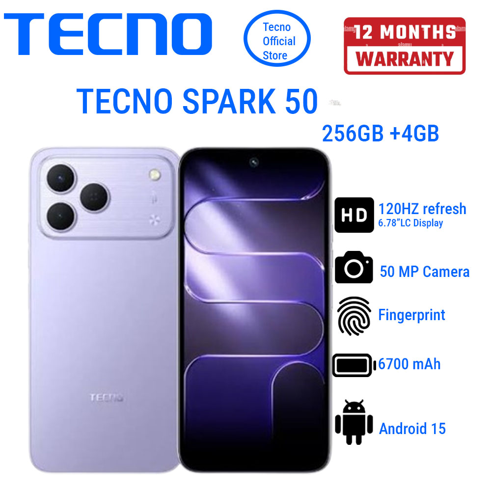 TECNO SPARK 50 256GB+4GB 6.78" 120Hz Phone Dynamic Port 50MP Dual Speaker 6700mAh 18W Type-C Dual SIM 4G Side Fingerprint  Smart AI Phones