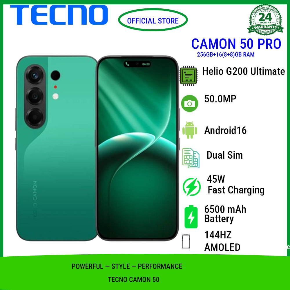 Tecno Camon 50 Pro 256GB+16(8+8)GB RAM 6.78" 144Hz Curved AMOLED MTK Helio G200 Ultimate 45W 6500mAh 50MP Dual Speaker Android16 IP68/IP69 Dust Water Resistance Dual Sim Smart Phones