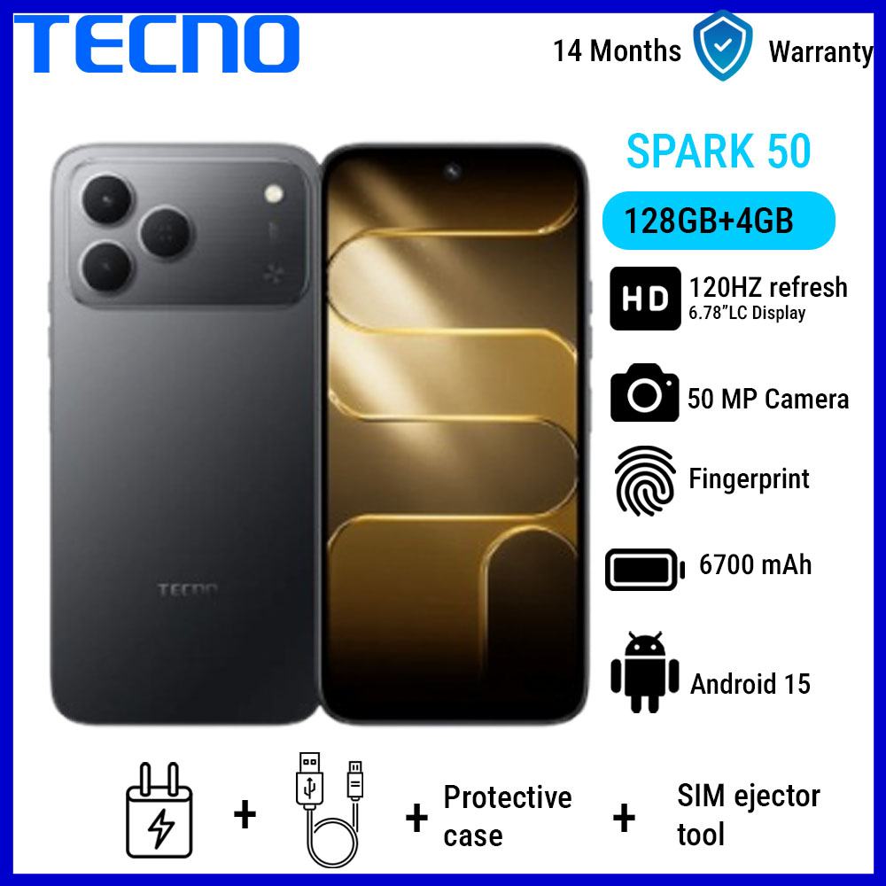 TECNO SPARK 50 128GB+4GB 6.78" 120Hz Phone Dynamic Port 50MP Dual Speaker 6700mAh 18W Type-C Dual SIM 4G Side Fingerprint  Smart AI Phones