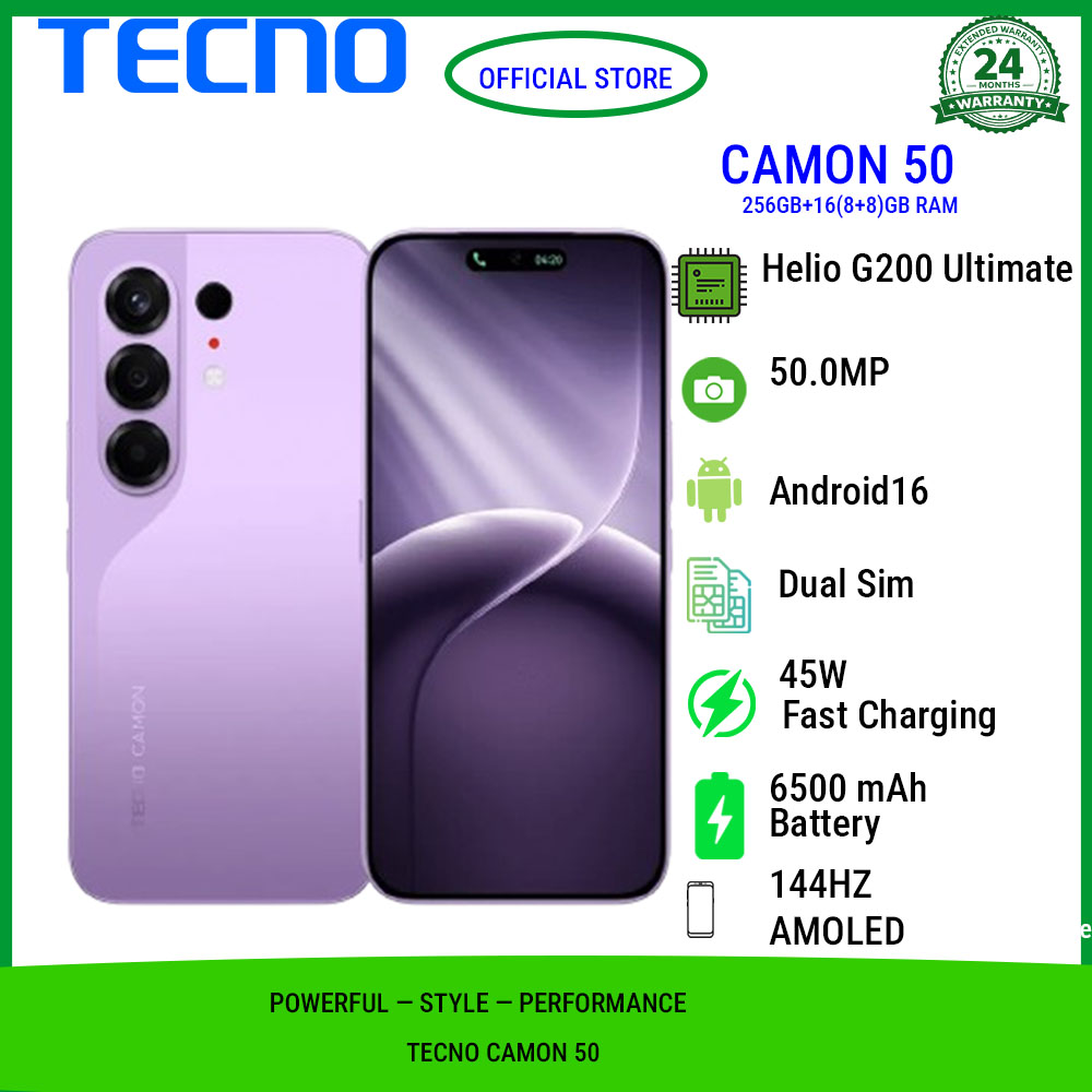 Tecno Camon 50 256GB+16(8+8)GB RAM 6.78" AMOLED 144Hz Screen MTK Helio G200 Ultimate 45W 6500 mAh 50MP Dual Speaker Android 16 Smart Phones Dual Sim phone