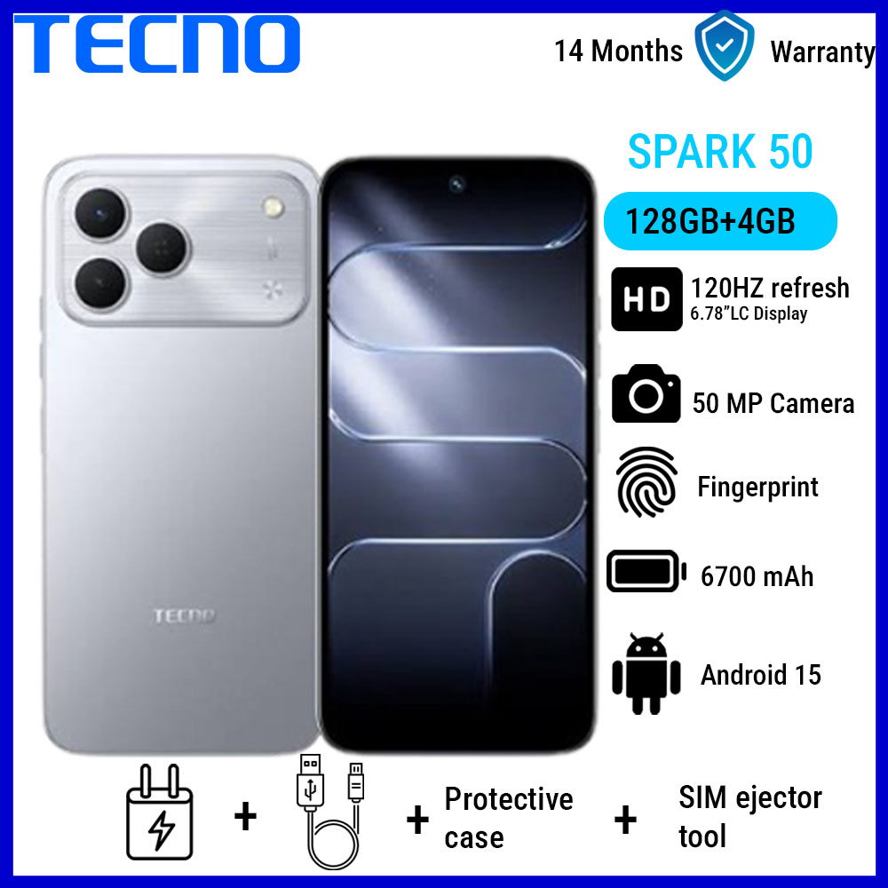 TECNO SPARK 50 128GB+4GB 6.78" 120Hz Phone Dynamic Port 50MP Dual Speaker 6700mAh 18W Type-C Dual SIM 4G Side Fingerprint  Smart AI Phones