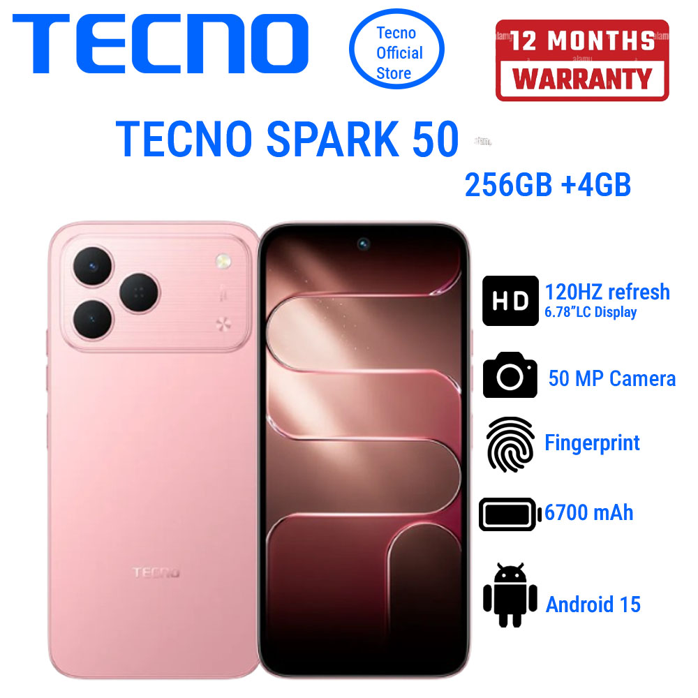 TECNO SPARK 50 256GB+4GB 6.78" 120Hz Phone Dynamic Port 50MP Dual Speaker 6700mAh 18W Type-C Dual SIM 4G Side Fingerprint  Smart AI Phones