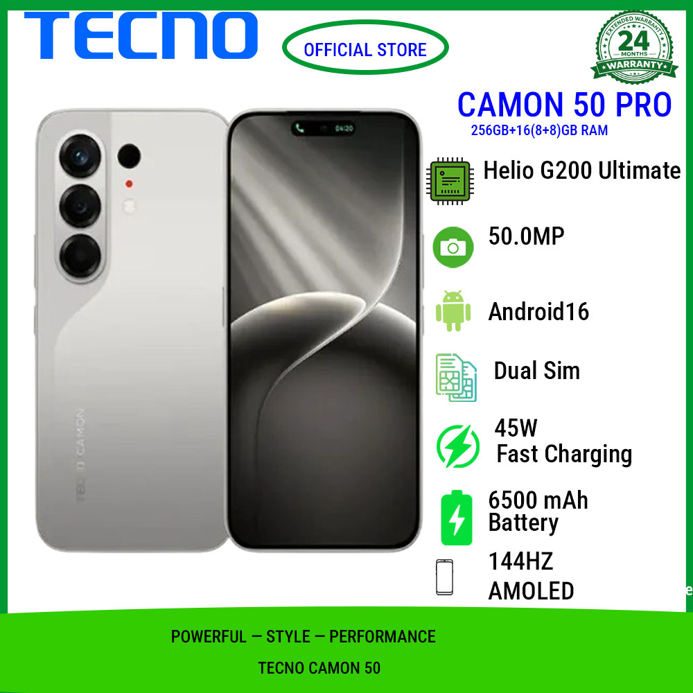 Tecno Camon 50 Pro 256GB+16(8+8)GB RAM 6.78" 144Hz Curved AMOLED MTK Helio G200 Ultimate 45W 6500mAh 50MP Dual Speaker Android16 IP68/IP69 Dust Water Resistance Dual Sim Smart Phones